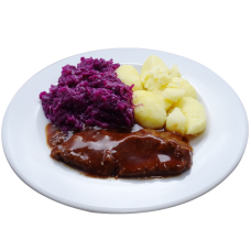 Sucadelap (r) vleesjus, rode kool met appel Aardappelpuree(natrium/zoutarm)